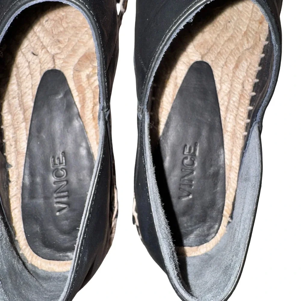 Vince Black Leather Espadrille Flats Slip On Shoes Size 6 Made in Spain